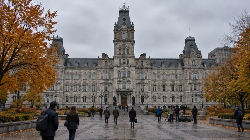 A provincial parliament building on a gray autumn afternoon, with people on the plaza in front.
